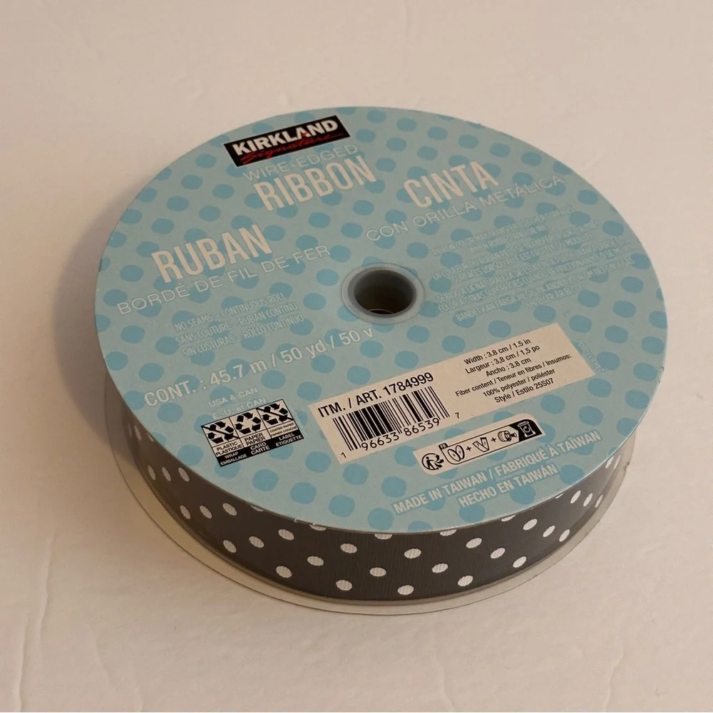 New Kirkland Signature Wire-Edged Ribbon Black with White Polka Dot 50Yard